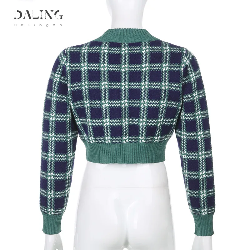 

Lazy style knitted cardigan women's autumn and winter thick single breasted Plaid high waist shows thin short sleeve Weaver