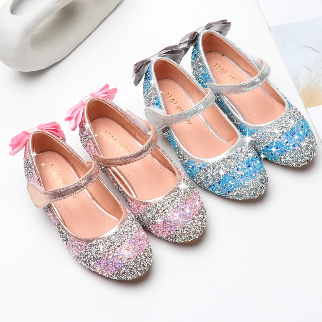 Princess Kids Leather Shoes Girl's Crystal Glitter Soft Soles Perform Dance High Heel Sandals Party Knot Single Shoe |