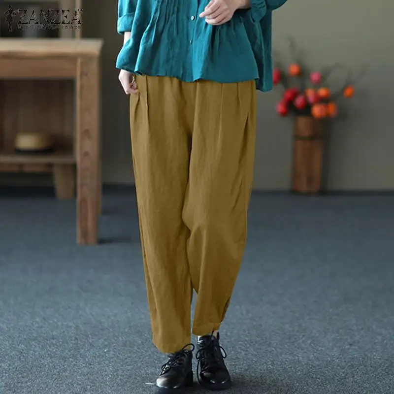

2021 ZANZEA Women Trousers Vintage Elastic Waist Cotton Harem Pants Spring Casual Solid Pantalon Turnip Long Palazzo