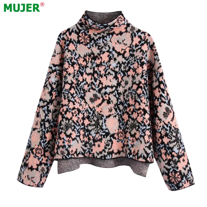 

Женский жаккардовый свитер Za, вязаный пуловер оверсайз с длинным рукавом и высоким воротником, с цветочным принтом, осень 2021