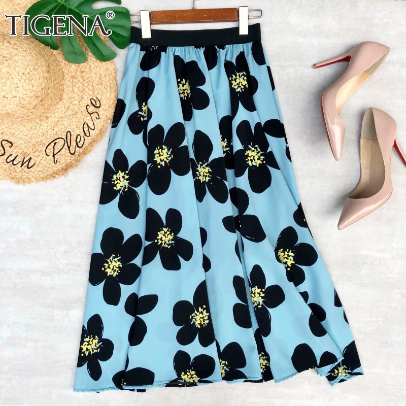 

Женская длинная юбка с высокой талией TIGENA, повседневная элегантная трапециевидная юбка средней длины с цветочным принтом, синяя и зеленая, ...