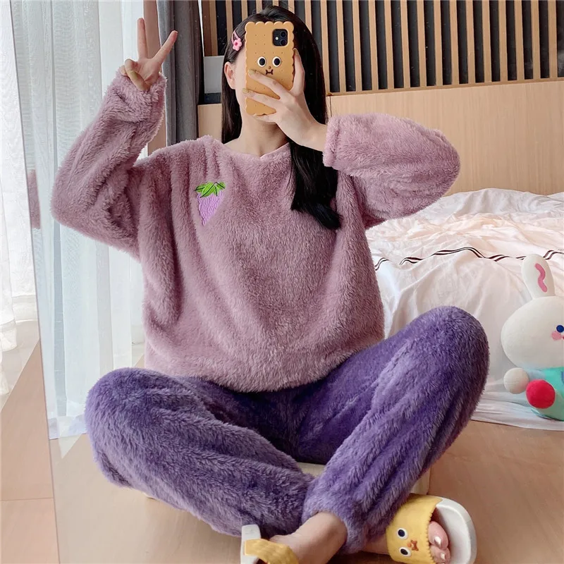 

Женский фланелевый пижамный комплект из кораллового флиса, теплая плотная пижама с длинным рукавом и брюки, милая пушистая домашняя модная ...