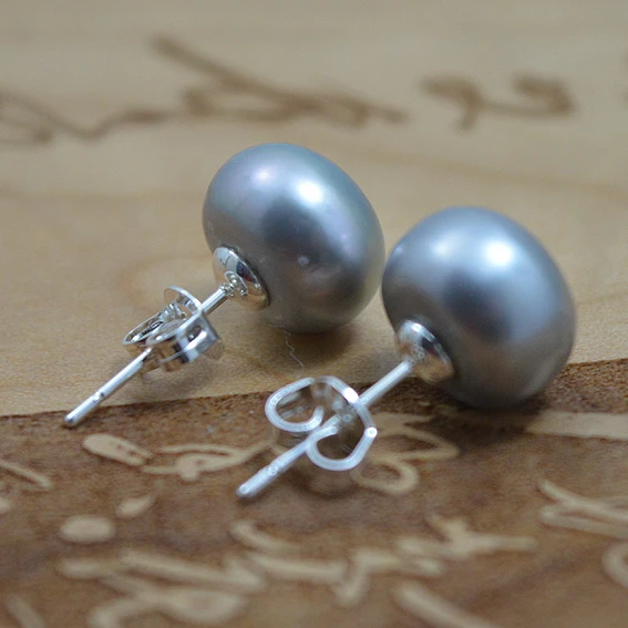 

New Unique Design Wedding Pearl Earrings Gray Color Big Size 11mm Genuine Freshwater Pearls Silver Stud Earring Fine Jewelry