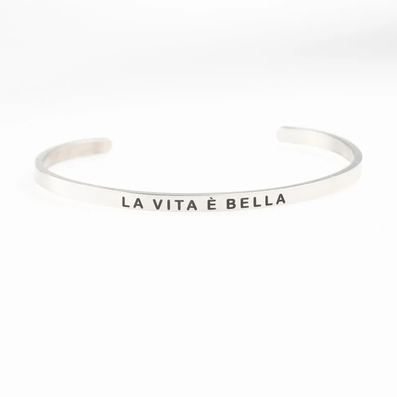 

Motivational Bangle With Letters Stackable Custom Engraved Inspirational Quote Stainless Steel Wholesale Mantra Cuff Bracelet