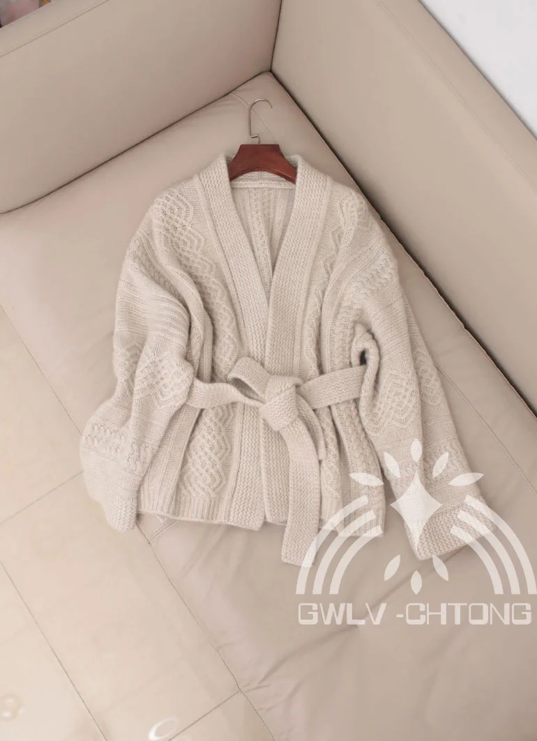 Новый женский вязаный кашемировый кардиган с поясом Дамская мода Повседневный