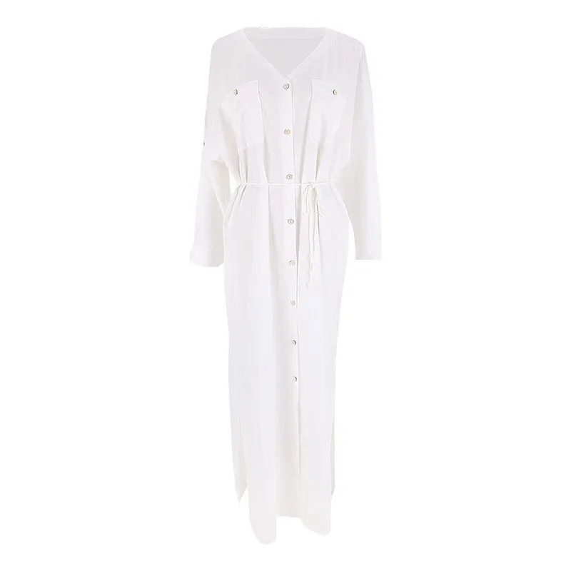 

New White Swimsuit Cover Up Buttoned Long Dress Cardigan Vacation Beach V-Neck Sun Protection Clothing Robe Bikinis Shirt Dress