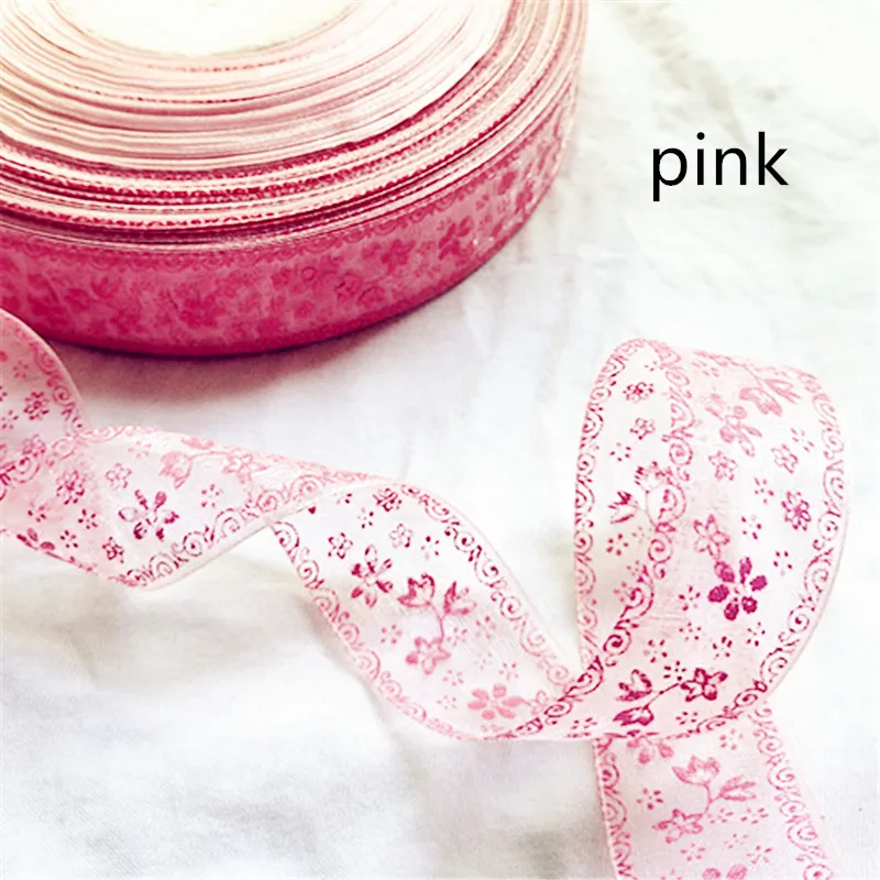 PINK Suoja 5/20 метров/упаковка 25 мм печатные цветочные ленты из органзы Ткань DIY банты для волос подарочная упаковка свадебное украшение для вечеринки; Рождество - Цвет: PINK