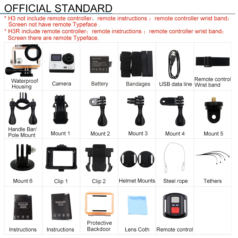 Спортивная камера 4K Wifi Ultra HD 170D 30M Водонепроницаемая мини-камера с двойным экраном для плавания и активных действий от GEEKAM H3 H3R.