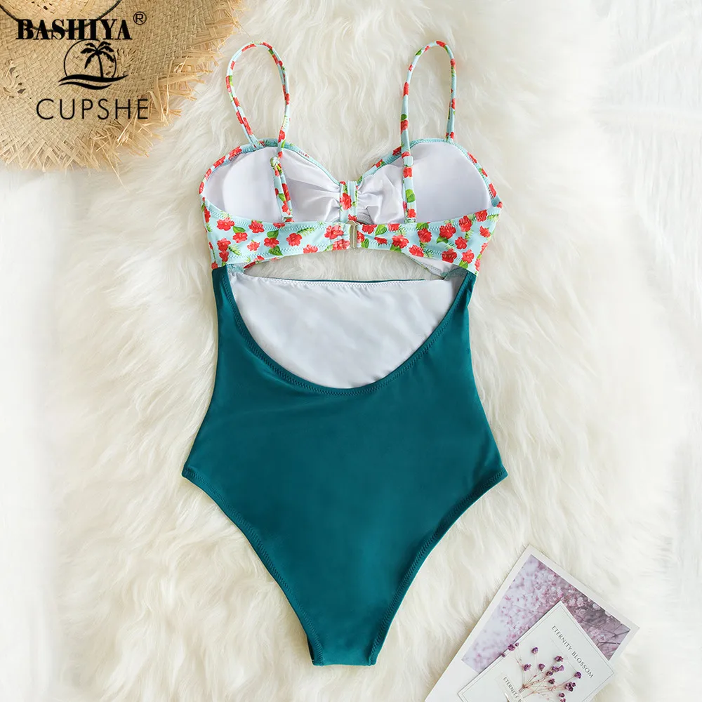 

Solid Blue One-Piece Swimsuit Sexy Cut Out Bowknot Women Floral Print Bikini Set 2021Girl High Waist Beach Bathing Suit Swimwear