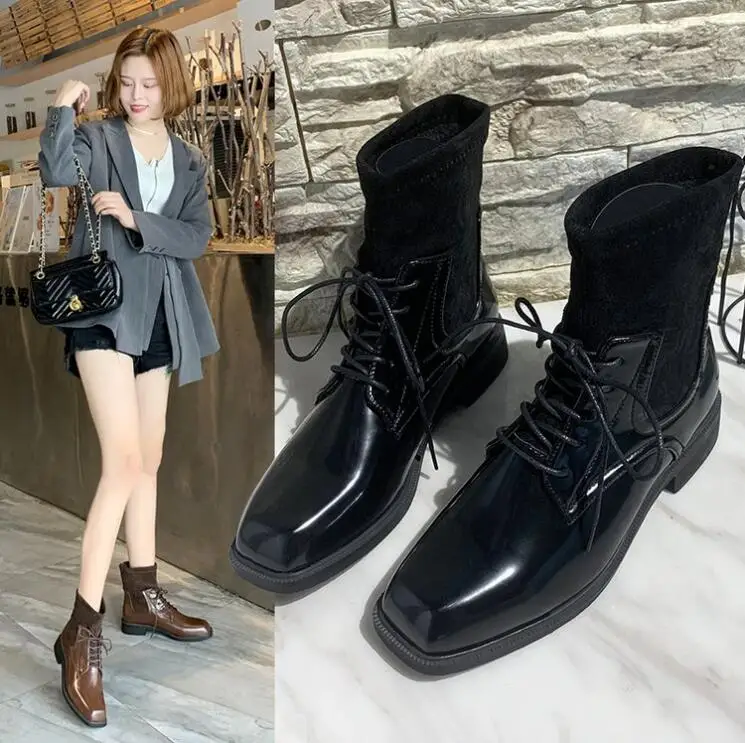 Женские ботинки с квадратным носком Зимние Теплые ботильоны на плоской подошве