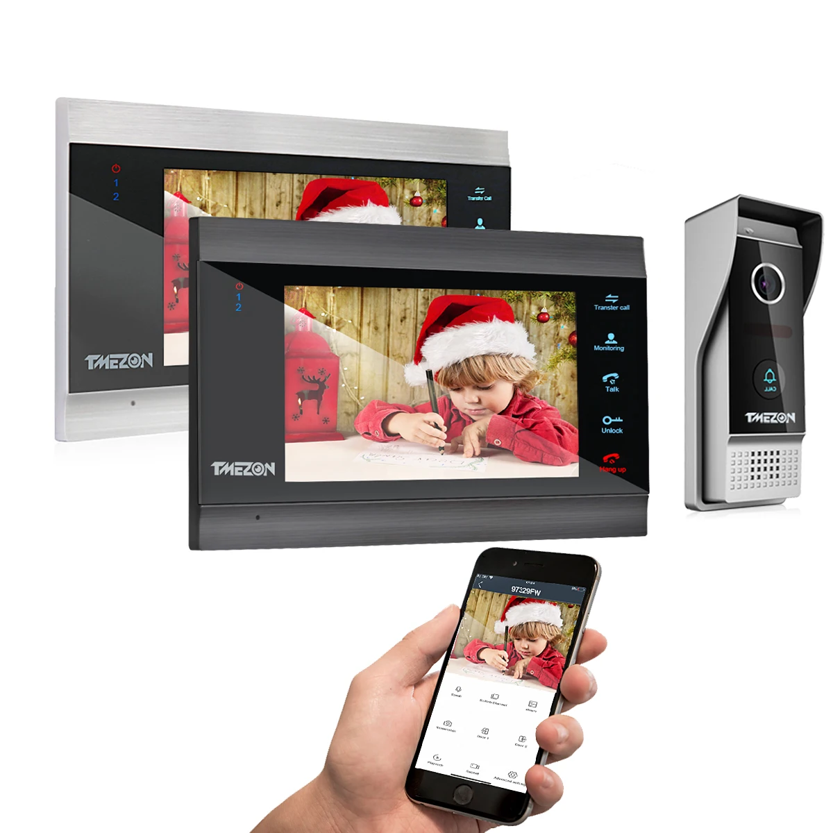 

NEW TUYA 1080PTMEZON 7 Inch Wireless Wifi Smart Video DoorPhone Intercom System with 2 Monitor + 1 Rainproof Doorbell Camera