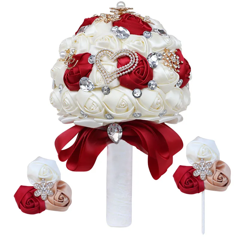 

New Product Crystal Hand Bouquet Bride and Bridesmaid Bouquet Diamond Ribbon Rose Sister Group Wrist Corsage 3-piece T576