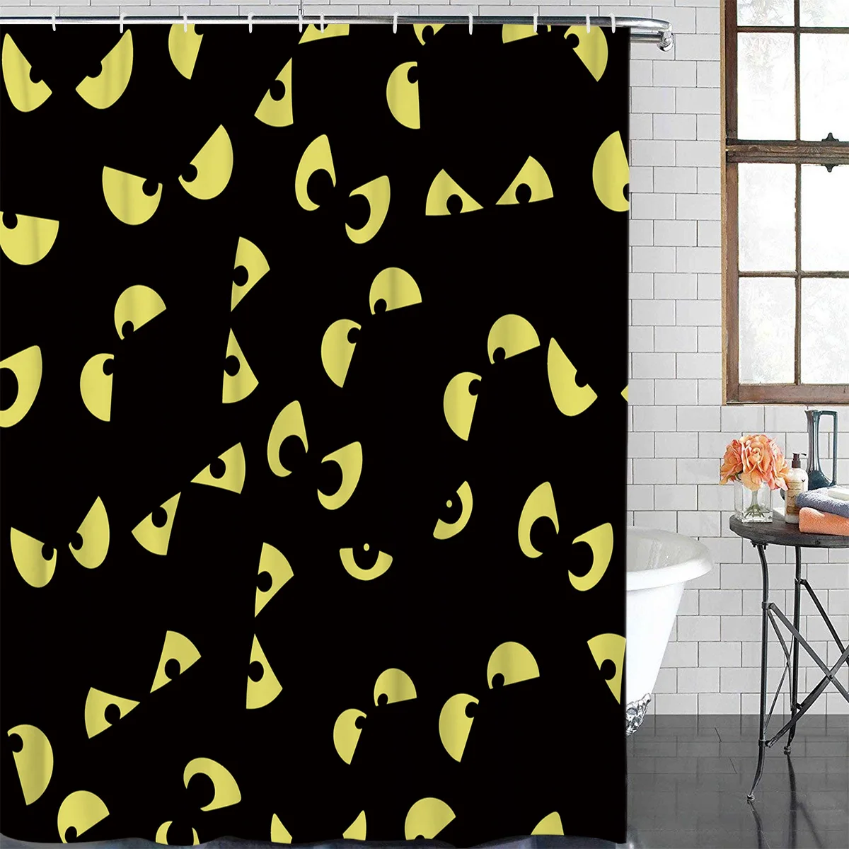 Занавески для ванной желтые глаза на черном фоне водонепроницаемая ткань