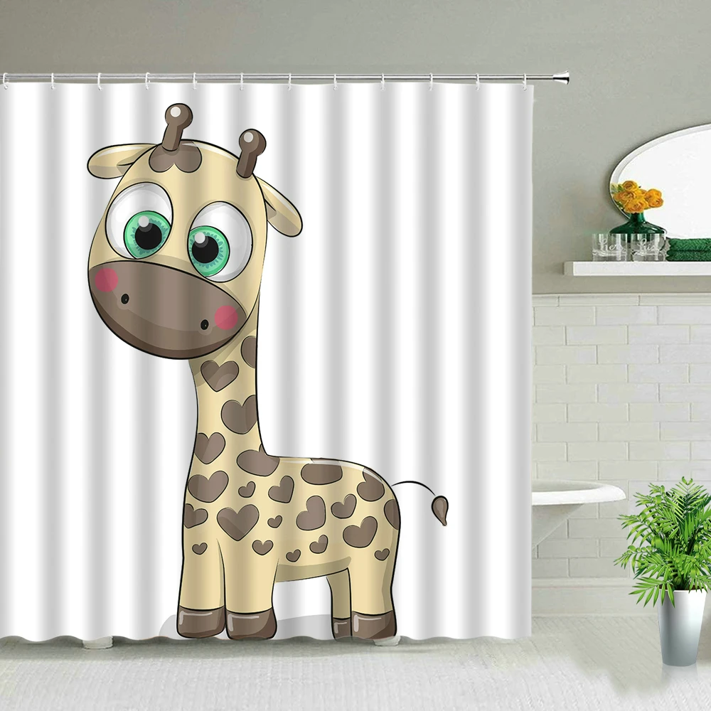 

Cartoon Animal Giraffe Shower Curtain Owl Lion Flamingo Print Bathroom Decor Screen Waterproof Fabric Bath Curtain With Hooks