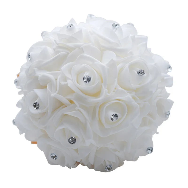 

White Wedding Bouquets Crystal PE Roses Bridal Holding Bridesmaid Wedding Hand Bouquet Artificial Fake Flowers PH027