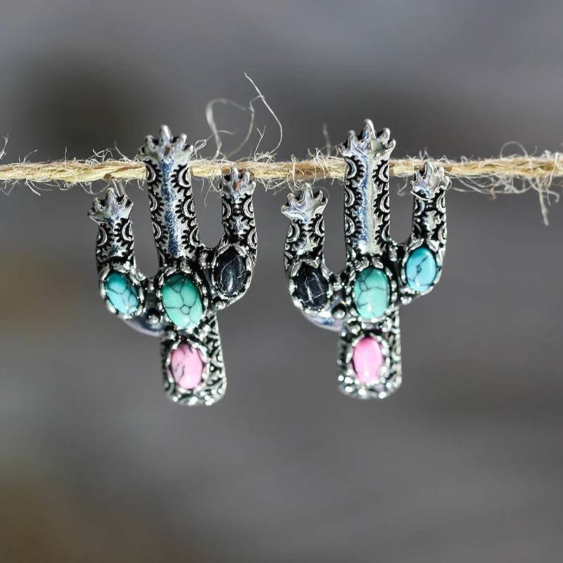 

Vintage Cute Cactus Plant Stud Earring For Women Boho Ethnic Metal Natural Stone Sweet Girl Brincos Bijoux Z4D341