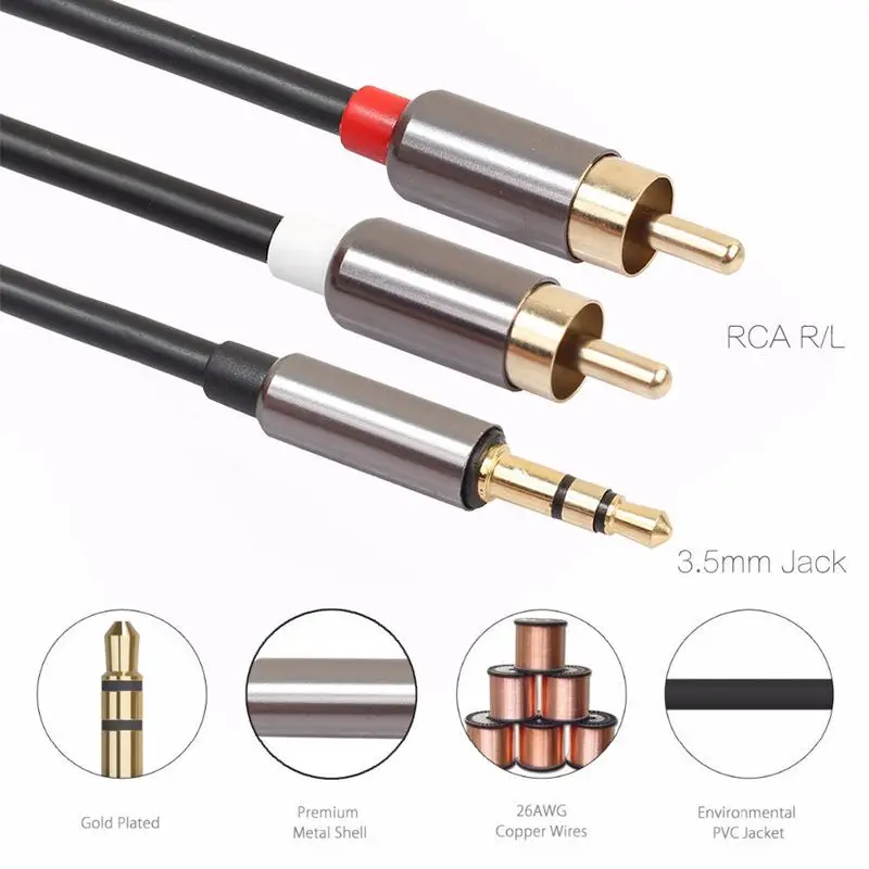 Top 1M 3.5mm Male Jack to 2 RCA AUX Analog Stereo Audio Y Adapter Cable Cord TR |