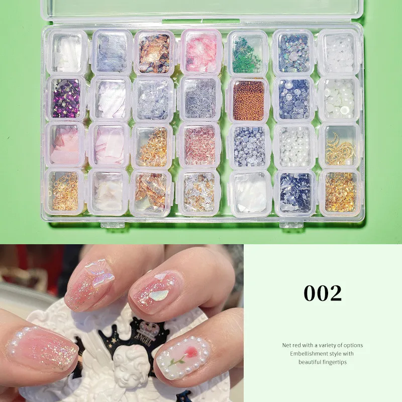 

28Grids/Box 3D Korea Nail Art Charms Shell/Rivet/Pearl/Rhinestone...Mix Style Jewelry Decorations For Acrylic Nails Design A1002