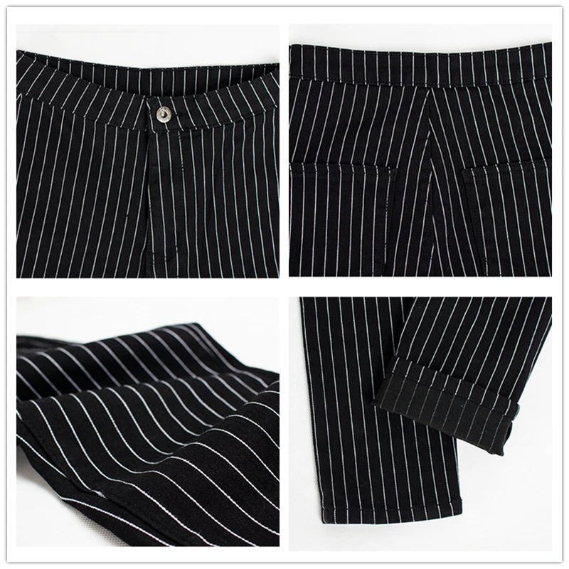 

2020 White Stripes High Waist Black Jeans For Woman NEW pring Autumn Pencil Pants Trousers Female Pantalones Mujer Vaqueros K700