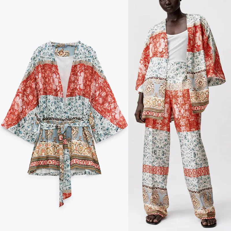 

Za 2021 летнее принтованное платье кимоно блузка для женщин с длинными рукавами и поясом в винтажном стиле кимоно модный топ с запахом Женские ...