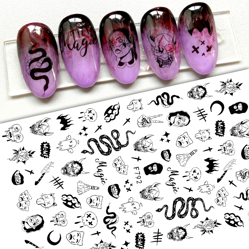 

10PCS Halloween Series Thriller 3D Skull Head Clown Female Viper Pattern Christmas Elk Nail Sticker Nail Slider Decoration