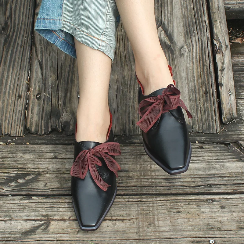 Xiangban casual women shoes square head original national style leather women's low heels lace -up handmade | Обувь