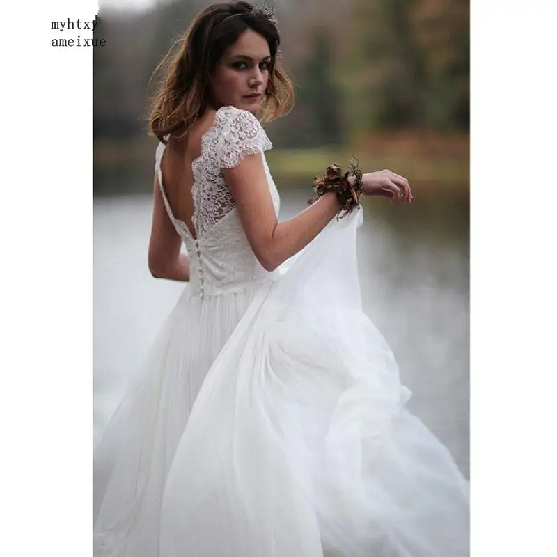 

Boho Lace Tulle Sexy Cheap In Stock Wedding Dresses 2020 Cap Sleeves V-neck Summer Beach Bridal Gowns Vestido De Noiva Plus Size
