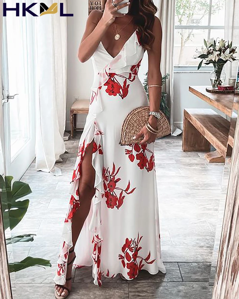 

Women Dress V-Neck Sleeveless Floral Print High Slit Ruffles Elegant Maxi Dress 2021 Overalls Office Outfits Summer