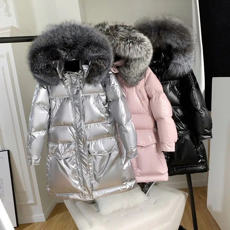 

Зимняя длинная куртка из натуральной лисьего меха с капюшоном из лакированной кожи, Женская водонепроницаемая куртка на 90% белом утином пуху, теплая верхняя одежда