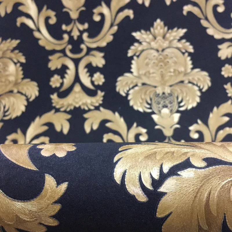 Черные обои виниловые с золотым узором ПВХ для гостиной текстурированные