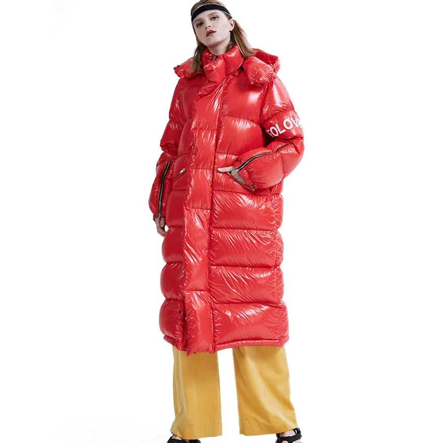 Зимняя теплая куртка пуховик красного и синего цвета удлиненная женская длинная