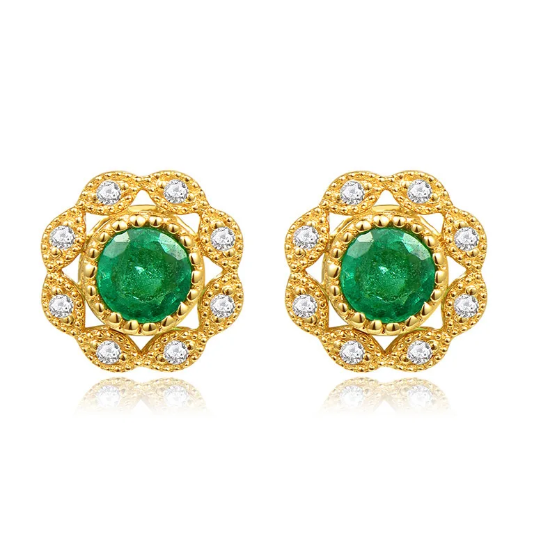 Natural Emerald Gemstone Stud Earring For Women Yellow Gold Plated Zircon Round Cut Green Emerald Earring Birthday Anniversary