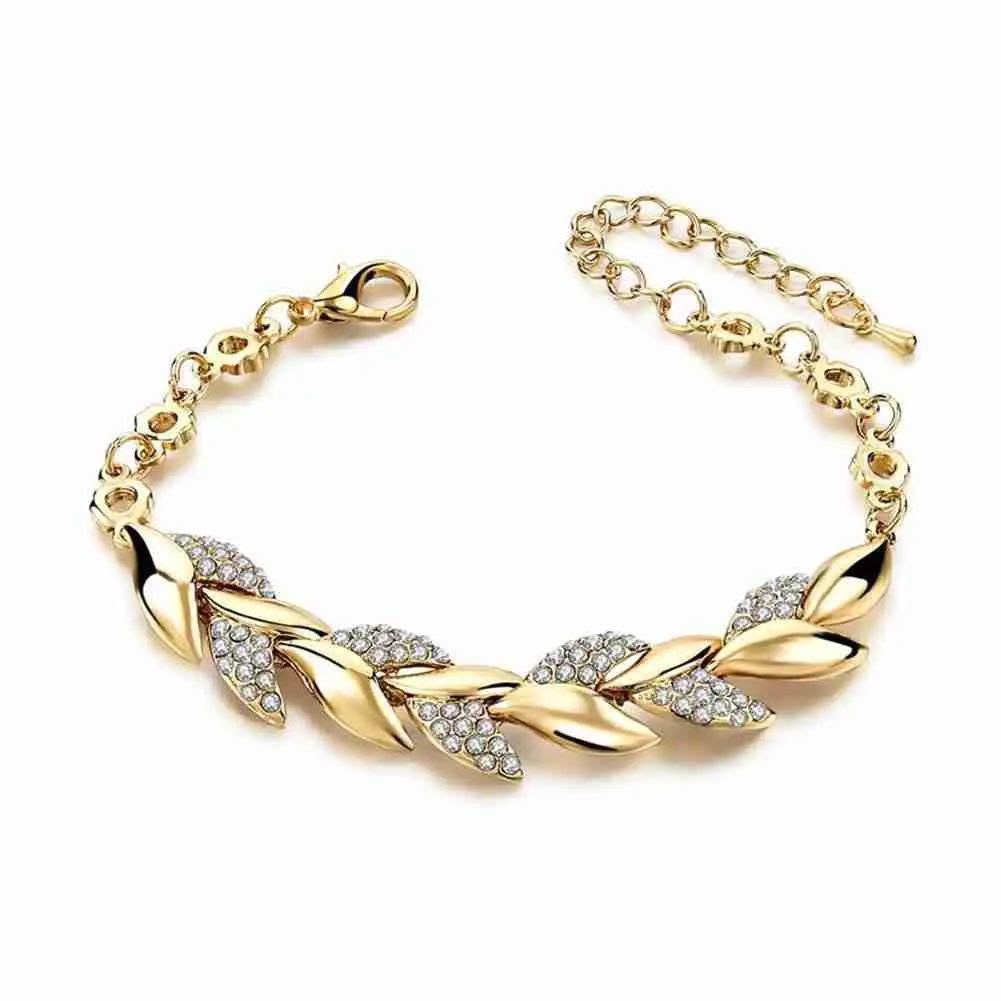 

Fashion Gold Braided Leaf Bracelets For Women Luxury Crystal Leaf Bracelet Hand Chain For Bridal Wedding Jewelry