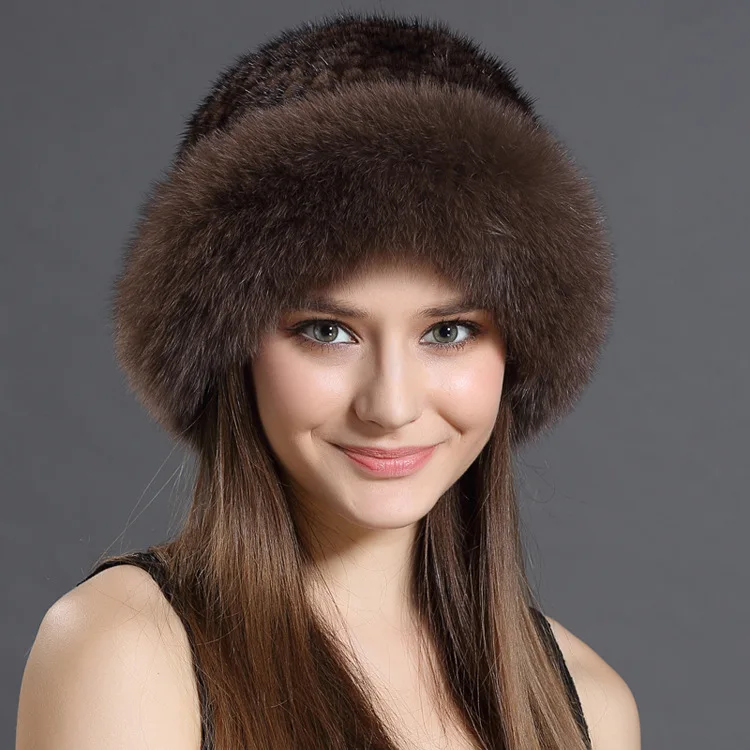 Зимние шапки для женщин вязаные теплые меховые бини из меха норки лиса шапочки