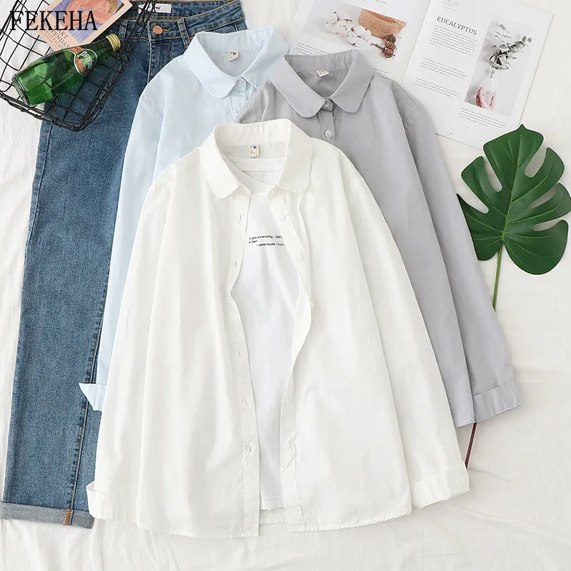 Блузка женская хлопковая с длинным рукавом однотонная Повседневная рубашка