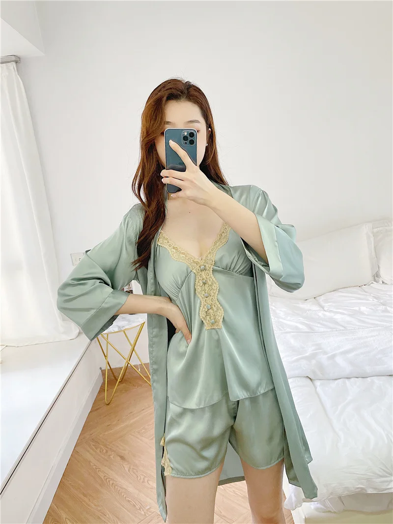 

3PCS Women Lace Trim Robe Sets Sexy Rayon Backless Bathrobe Shorts Strap Top Nightgown Summer Lingerie Home Dress Lounge Kimono