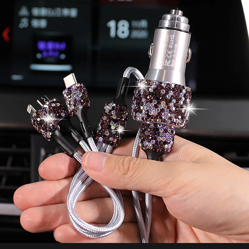 Crystal Diamond Phone 3 In 1 Data Wire Car Cigarette Lighter New Dual USB Charger For IPhone Android Type C GPS Fast | Автомобили и
