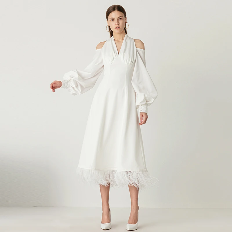 

Женское винтажное платье YIGELILA, белое однотонное облегающее платье с лямкой на шее, рукавами-фонариками, до середины икры, платье, украшенное...