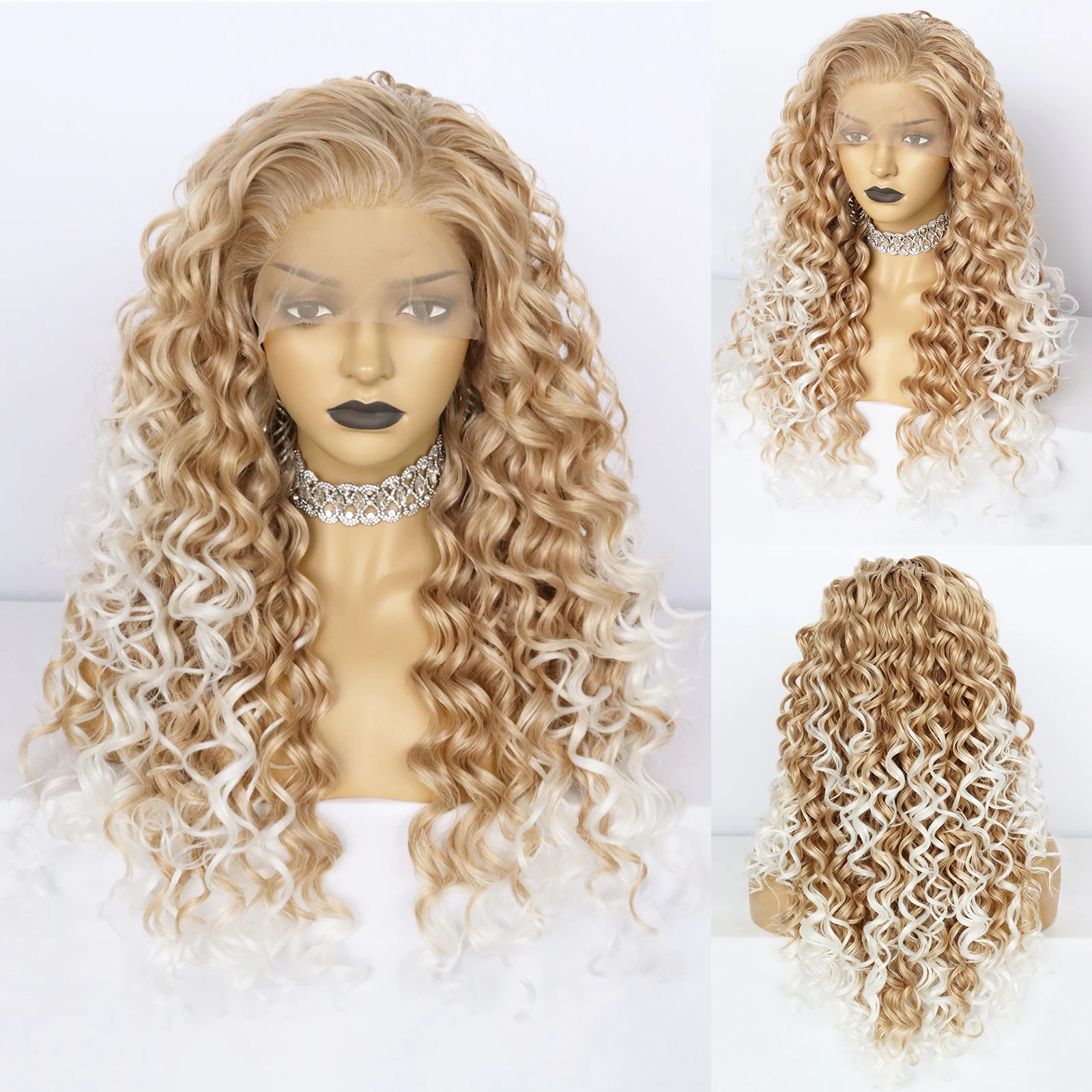 27inch Lace Front Wig Heat Resistant Synthetic Wig Brown Deep Wave Curly Long Fiber Hair for Black Women Cosplay Party Gift