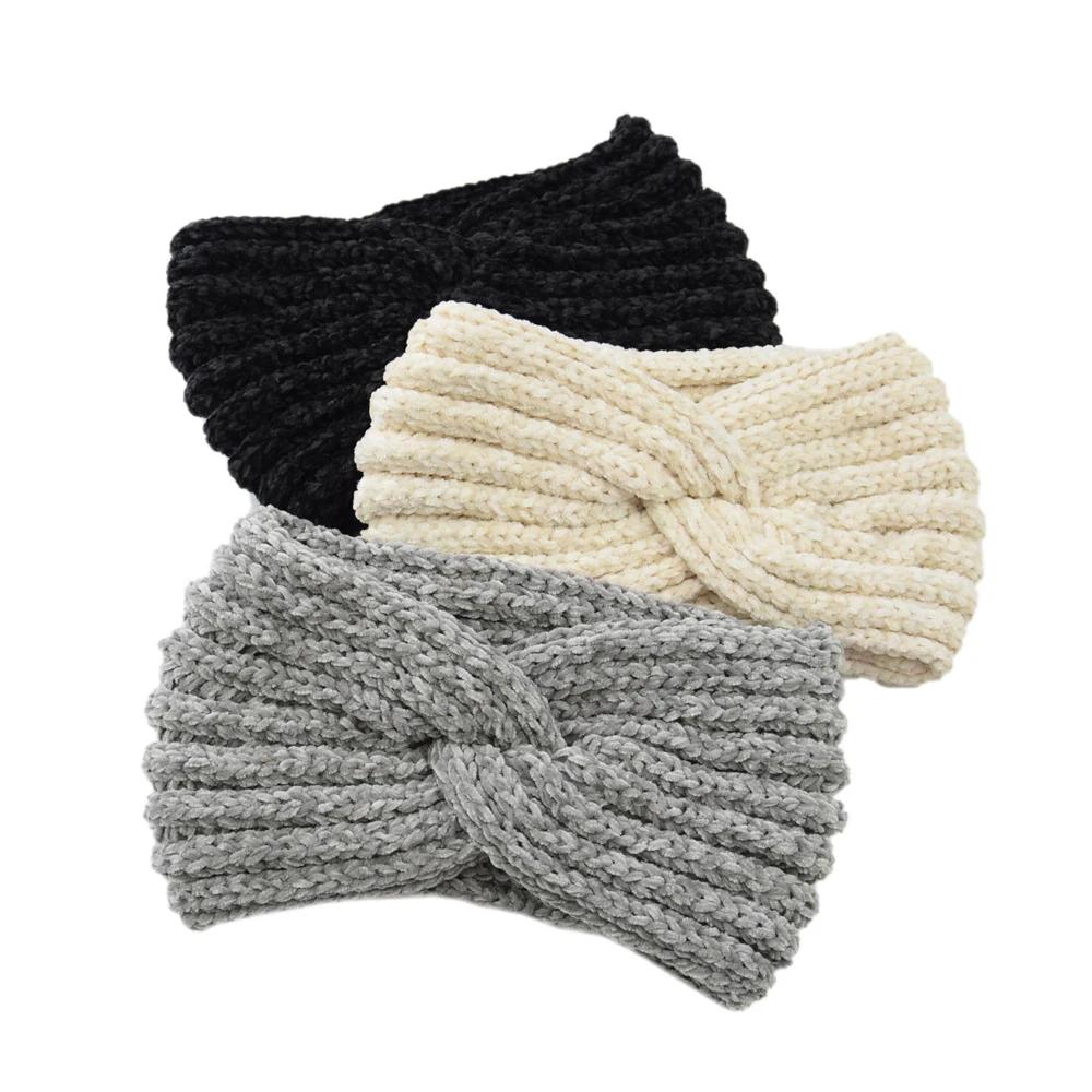 

Fashion Women Thermal Hand Knitting Head Hairband Turban Women Crochet Wool Cross Wide Stretch Solid Hairband Headwrap