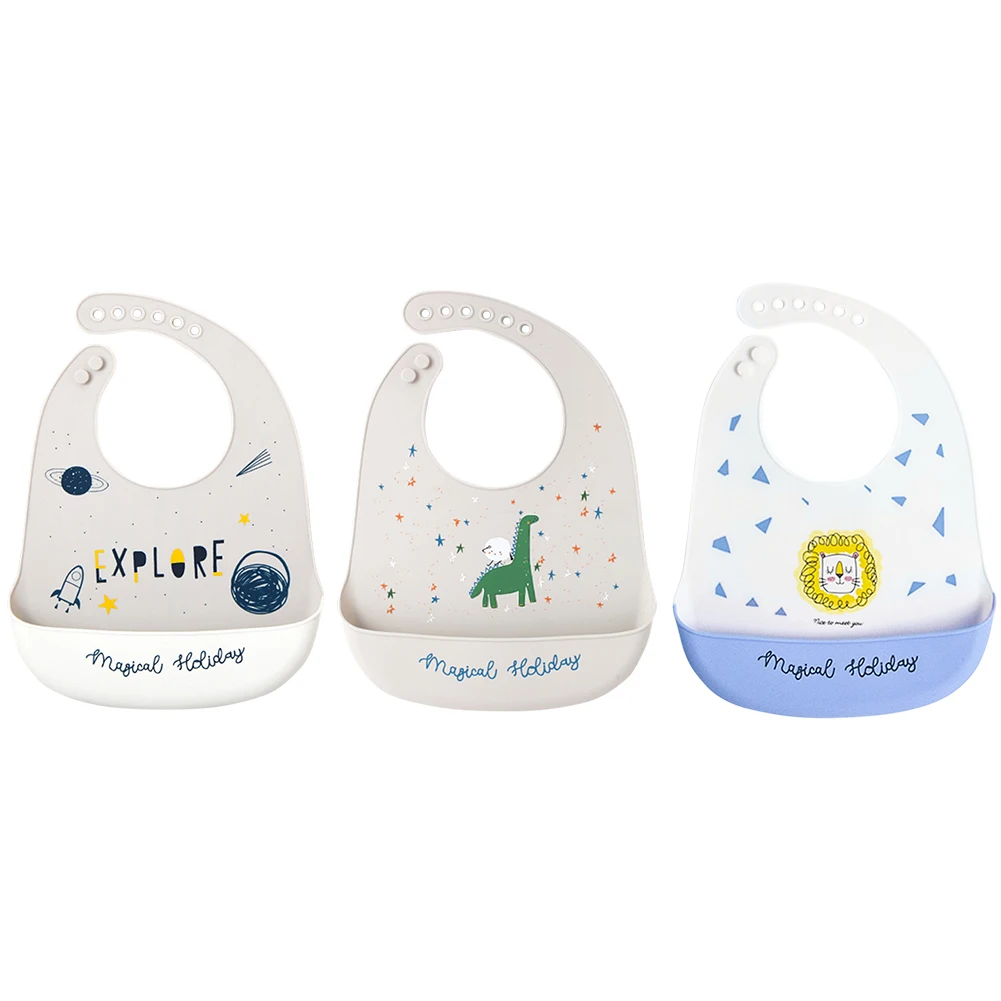 

2021 Cute Baby Bibs Waterproof Silicone Bib Infant Toddler Feeding Saliva Towel Cartoon Adjustable Children Apron with Pocket