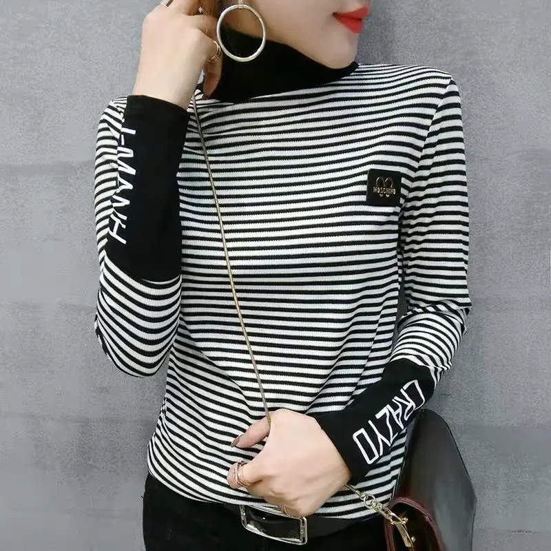 

European station 2020 Autumn and winter fashion black and white striped t-shirt women's undershirt cashmere thick long-sleeved h