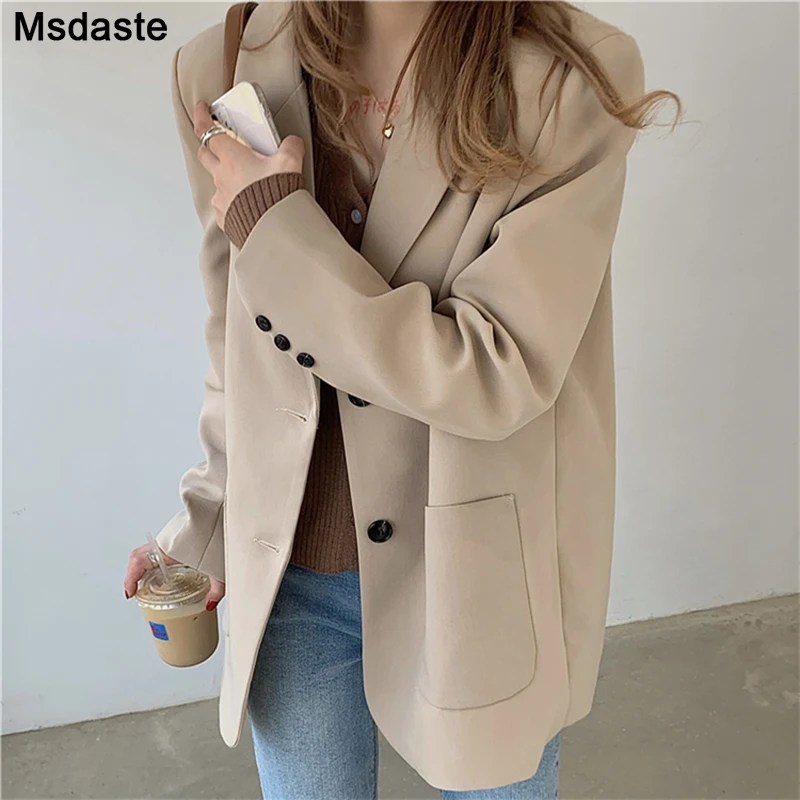 

Women Blazer Jackets Turn-down Neck Khaki Black Female Wear Casual Solid Suits Blaser Coats Straight Outwear Woman Blazers