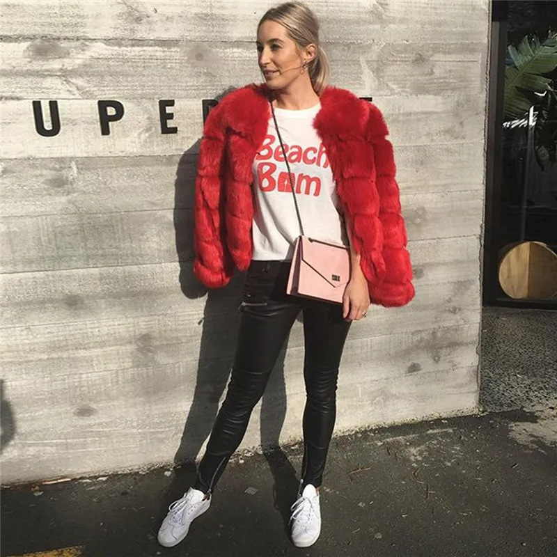 LANSHIFEI New Faux Fur Coat High Quality Fashion Slim Black Red Pink Faux Fur Jacket Fake Rabbit Fur Coat