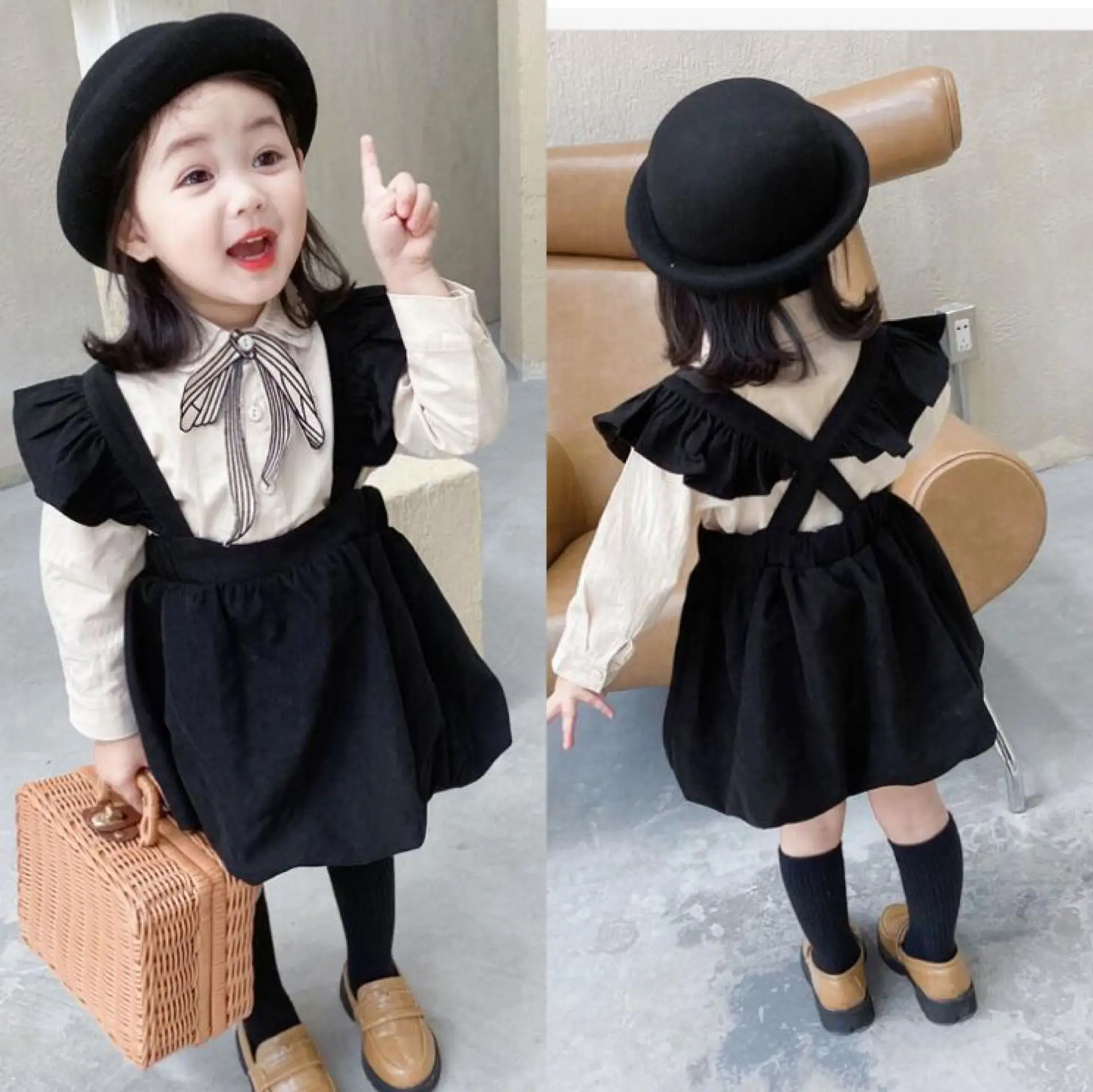 

Girls Long-sleeved Dress Suit 2021 New Spring Autumn Girls Casual Pure cotton Shirt + Strap Dress Sets 2PCS