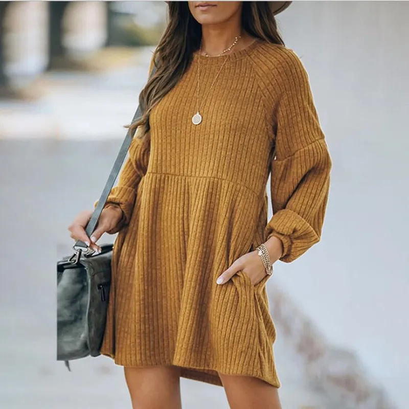 

Autumn Winter Knitted Long-Sleeved Dress 2022 Solid Color Loose Short Women's Dresses Casual Vocation Street Female Clothing