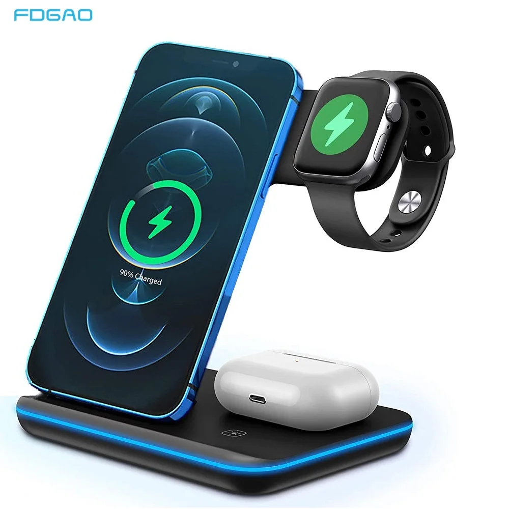 

Беспроводное зарядное устройство Qi, 15 Вт, подставка для iPhone 13 12 11 XS X 8 Apple Watch 3 в 1, док-станция быстрой зарядки для Airpods Pro iWatch 7 6