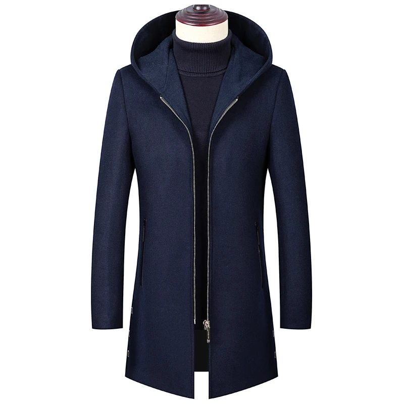 

Мужской шерстяной тренчкот с капюшоном, Повседневная однотонная деловая Длинная шерстяная куртка, Осень-зима 2021