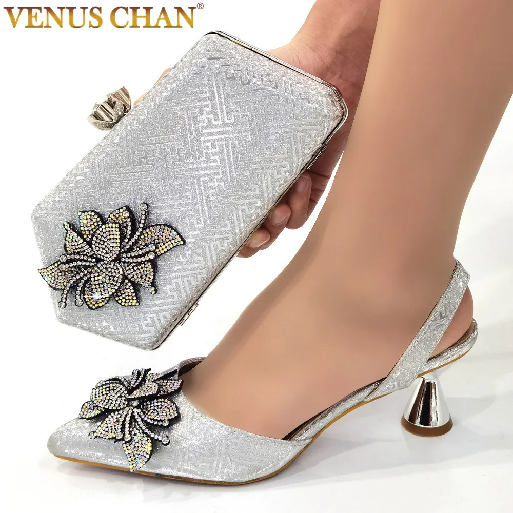 

2022 New Arrivals Spring Italian Women Shoes and Bag Set in Silver Color Slingbacks Thin Heels Pumps with Appliques for Wedding