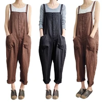 2021 new womens suspenders jumpsuit cotton and linen breathable sweat soft pants high waist large size loose pocket trousers